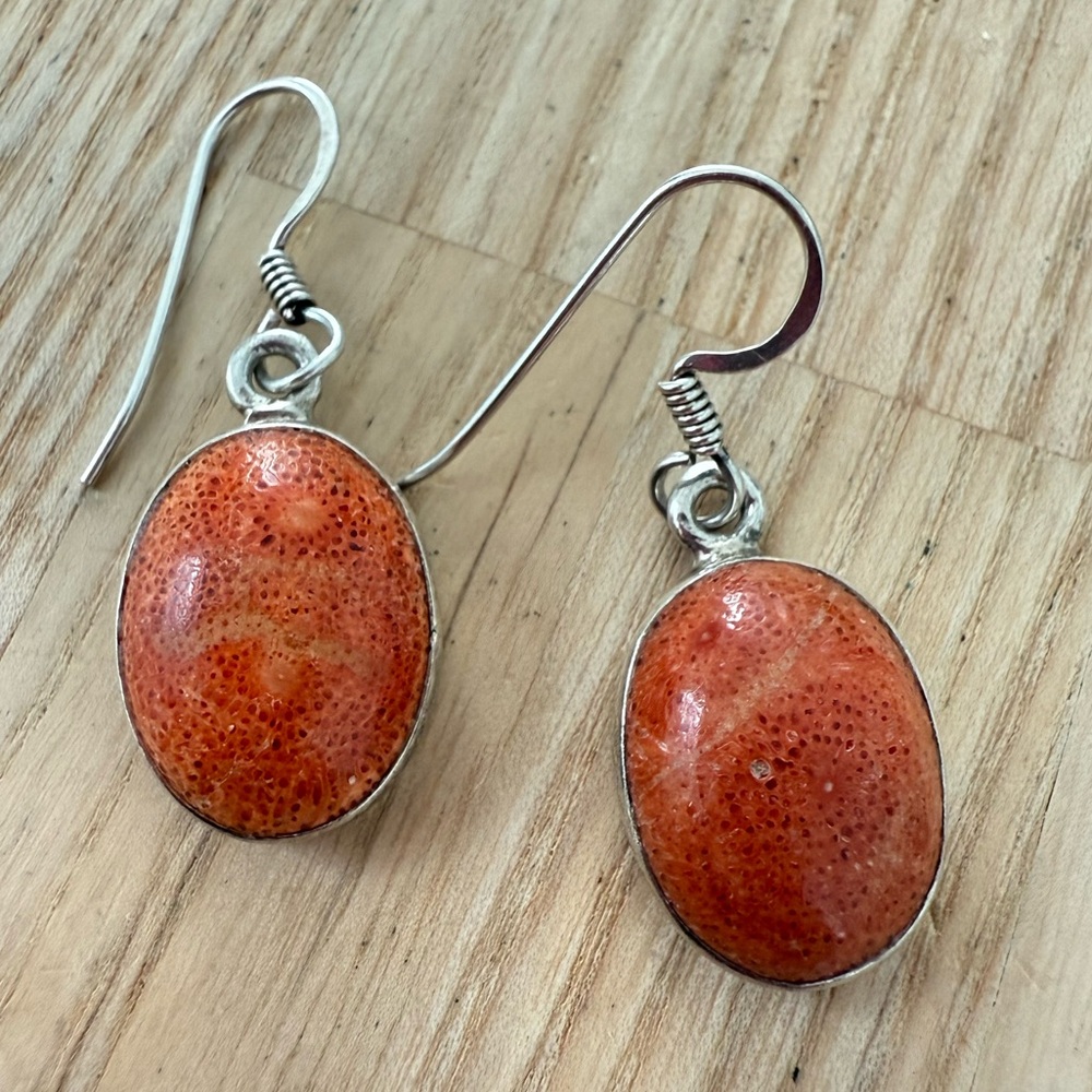 Oval orange red coral 925 Sterling silver earrings on hooks